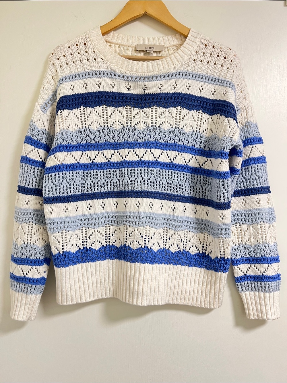 LOFT Chunky knit Open Stitch Cream Sweater with Light and Royal Blue Stripes, M - Picture 2 of 9